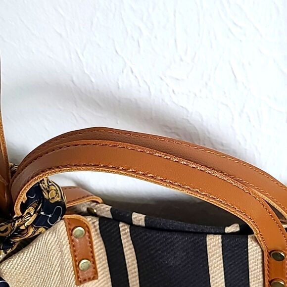Khaki Purse w/Navy Blue Stripes, Scarf is Gold/Navy, Camel Straps/Handles NWOT - Picture 6 of 10